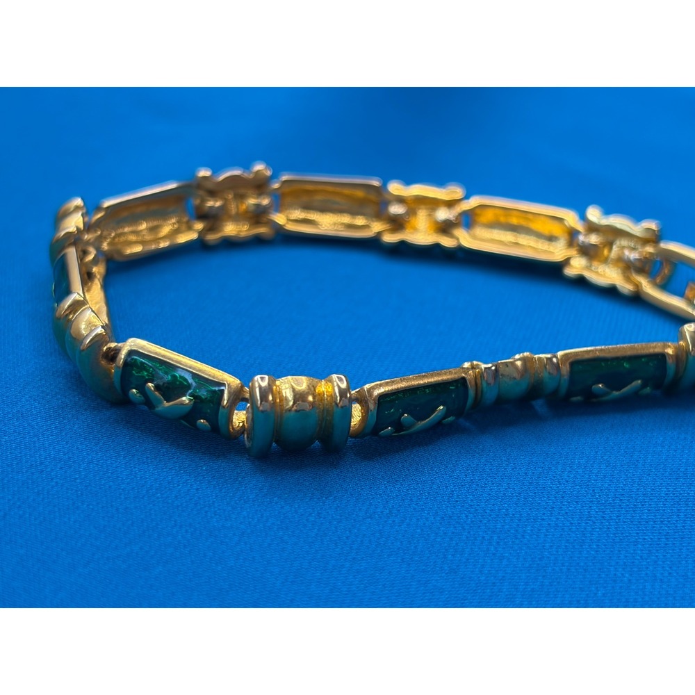 Joan Rivers Green Enamel Gold Tone X Motif Link Bracelet Vintage Jewelry